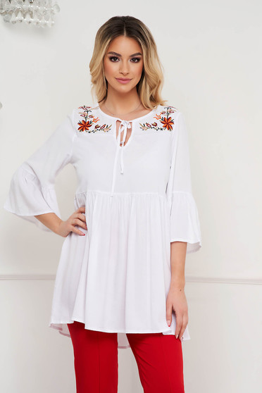 Blouses, White women`s blouse loose fit long cotton embroidered - StarShinerS.com