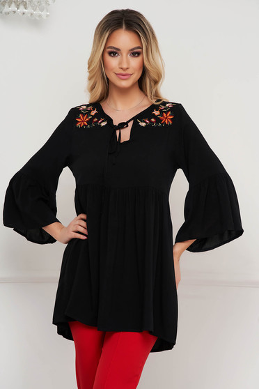 Blouses, Black women`s blouse loose fit long cotton embroidered - StarShinerS.com
