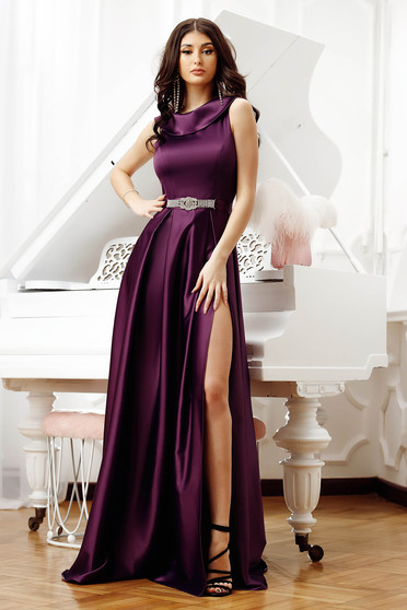 Purple dress long occasional from satin frontal slit sleeveless