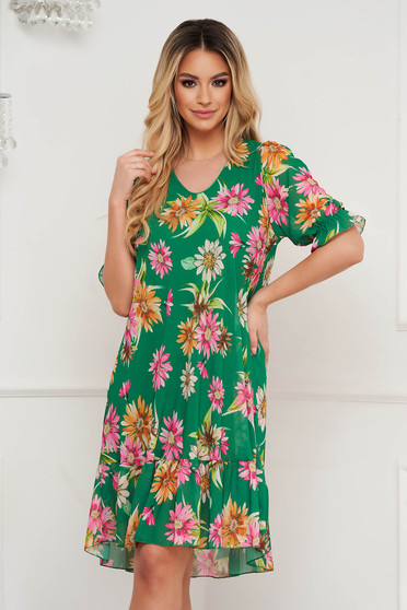 Dress a-line short cut from veil fabric with ruffled sleeves