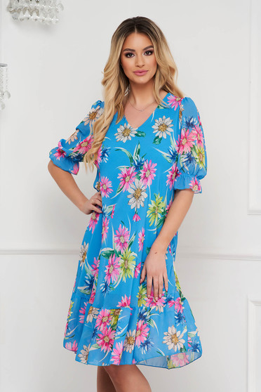 Blue dress a-line short cut from veil fabric with ruffled sleeves