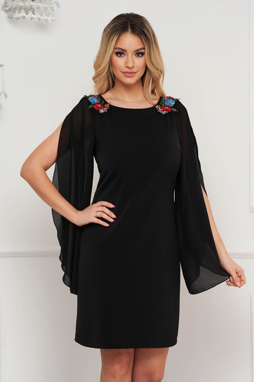 Dresses with pearls, StarShinerS black dress occasional elastic cloth with veil sleeves straight - StarShinerS.com