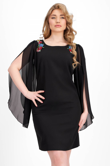 Dresses with rhinestones, Black elastic fabric dress with a straight cut and voile sleeves - StarShinerS - StarShinerS.com