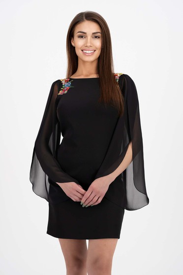 Online Dresses, Black elastic fabric dress with a straight cut and voile sleeves - StarShinerS - StarShinerS.com