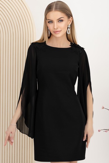 Rochie din stofa elastica neagra scurta cu un croi drept si maneci din voal - StarShinerS