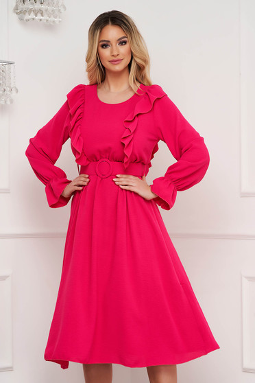 Online Dresses, Fuchsia dress thin fabric midi with ruffle details - StarShinerS.com