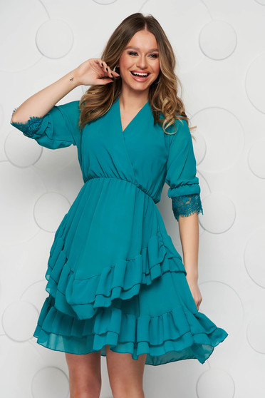 Turquoise dress from veil fabric with elastic waist wrap over front