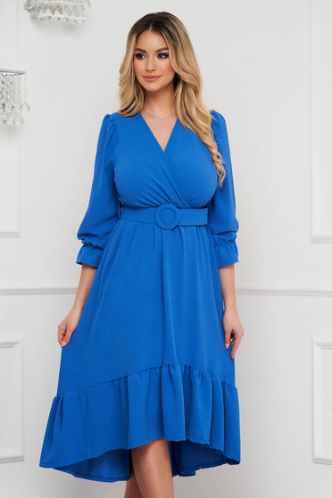 Blue dress midi wrap over front asymmetrical