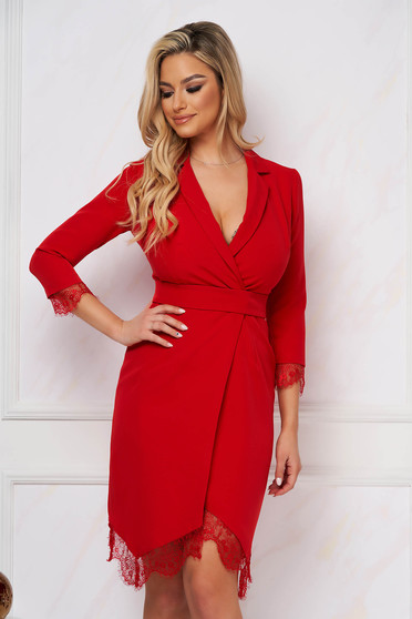 Blazer Dresses, Dress red elegant with lace details slightly elastic fabric pencil - StarShinerS.com