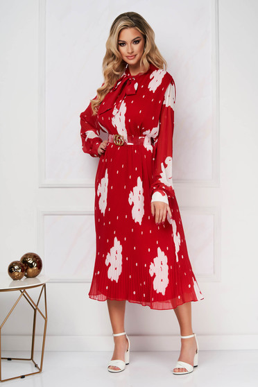 Polka dot dresses, Red dress loose fit from veil fabric pleated accessorized with belt - StarShinerS.com