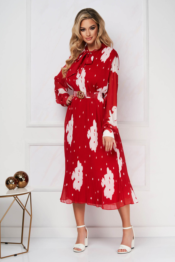 Thin material dresses, Red dress loose fit from veil fabric pleated accessorized with belt - StarShinerS.com