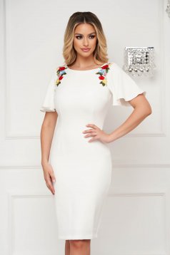 Ivory Pencil Dress made from slightly stretchy fabric with unique embroidery - StarShinerS