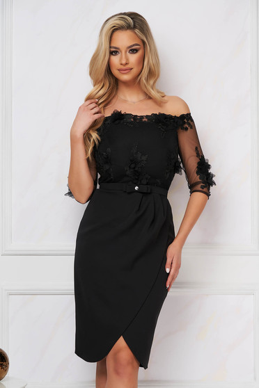 Dress StarShinerS black off-shoulder elegant with raised flowers off-shoulder cloth