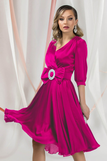 Satin dresses, Fuchsia dress midi cloche from satin wrap over front - StarShinerS.com