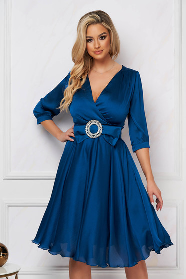 Petrol Blue Satin Midi Dress with Crossover Neckline - PrettyGirl