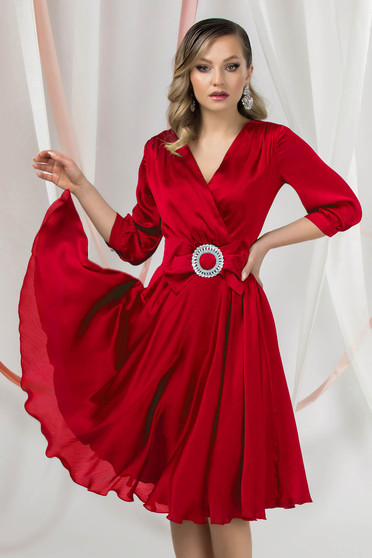 Red Satin Midi Swing Dress with Crossover Neckline - PrettyGirl