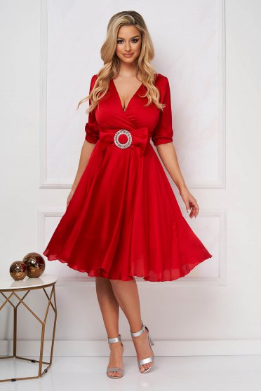 Bridesmaid Dresses, Red dress midi occasional cloche from satin wrap over front - StarShinerS.com