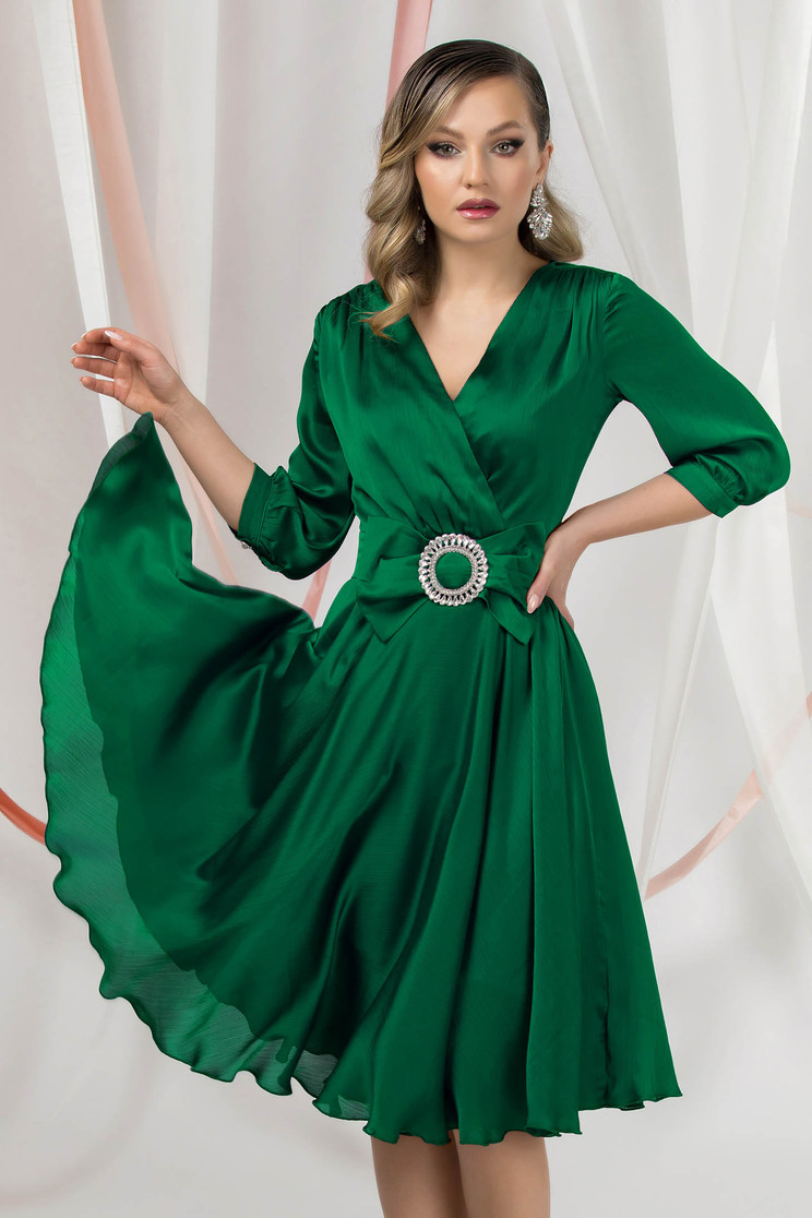 Online Dresses, Green dress midi cloche from satin wrap over front - StarShinerS.com