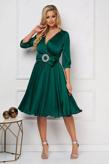 Bridesmaid Dresses, Green dress midi occasional cloche from satin wrap over front - StarShinerS.com