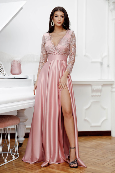 Rochii de nunta elegante, din dantela, Rochie de ocazie Artista roz prafuit lunga in clos din tafta si dantela - StarShinerS.ro