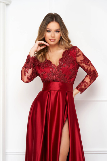 Online Dresses, Burgundy dress cloche long laced taffeta wrap over front - StarShinerS.com