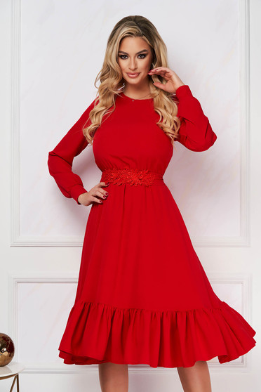 Ruffled dresses, StarShinerS red dress elegant midi cloche with elastic waist crepe accessorized with tied waistband with raised flowers - StarShinerS.com