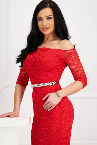 Online Dresses - Page 19, Red midi dress with tented cut from laced fabric off-shoulder - StarShinerS - StarShinerS.com