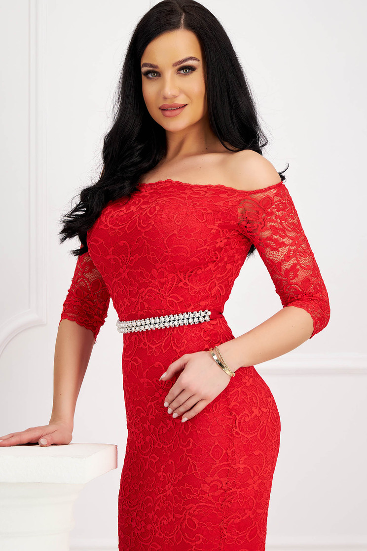 Lace dresses, Red midi dress with tented cut from laced fabric off-shoulder - StarShinerS - StarShinerS.com