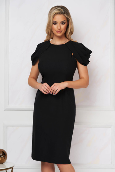 Black dress occasional midi pencil elastic cloth with cut back asymmetrical sleeves
