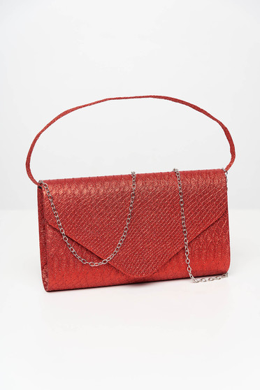 Red clutch bag for women for special occasions with glitter applications accessorized with detachable chain