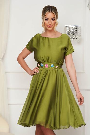 Online Dresses, - StarShinerS khaki dress cloche with elastic waist midi from veil fabric detachable cord embroidered - StarShinerS.com
