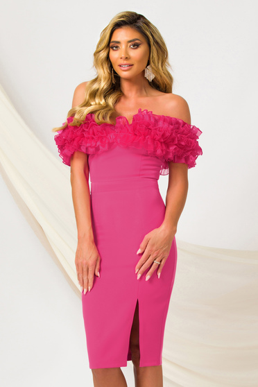 Online Dresses, Pink dress midi pencil slightly elastic fabric organza with ruffled sleeves - StarShinerS.com