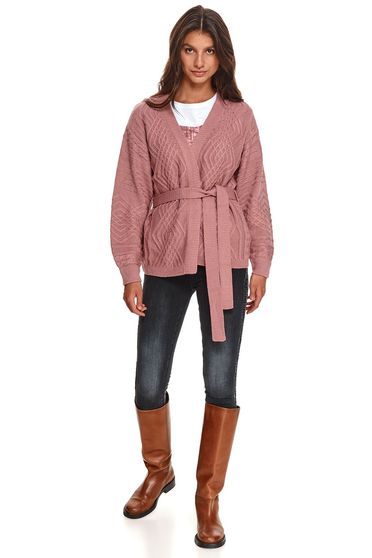 Cardigans, Pink cardigan knitted accessorized with tied waistband - StarShinerS.com