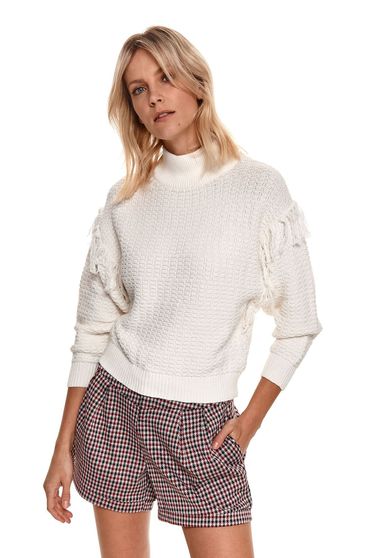 Casual jumpers, Cream sweater knitted high collar with fringes - StarShinerS.com