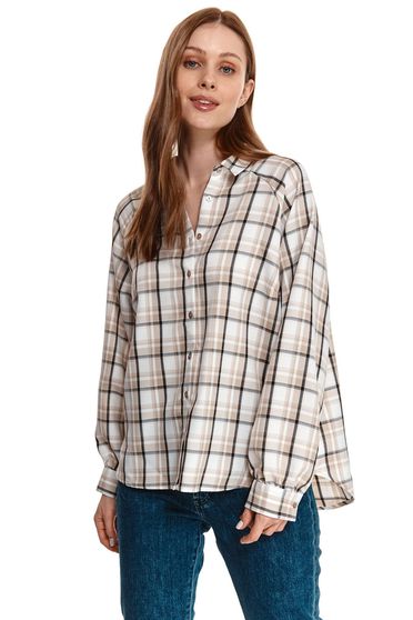 Casual shirts, Cream women`s shirt loose fit asymmetrical with chequers georgette - StarShinerS.com