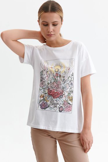 Női Pólók, Fehér casual bő szabású virágmintás pamutból készült póló - StarShiner.hu