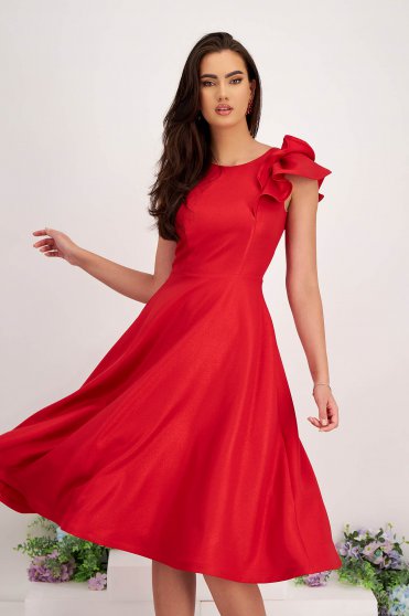 Red dress midi cloche elastic cloth with ruffled sleeves - StarShinerS