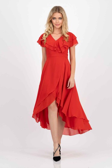 Online Dresses, Red Midi Asymmetric Chiffon Dress with Ruffled Sleeves - StarShinerS - StarShinerS.com