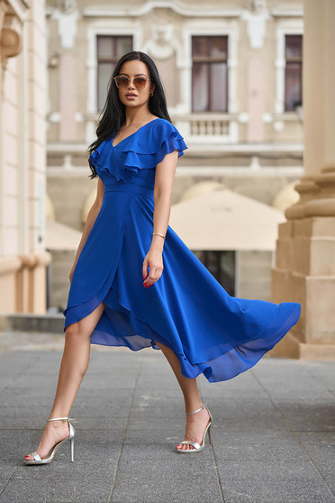 Flowy dresses, - StarShinerS blue dress cloche asymmetrical from veil fabric midi with ruffled sleeves - StarShinerS.com