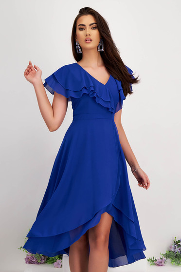 Asymmetric Blue Voile Midi Dress with Ruffles on Sleeve - StarShinerS