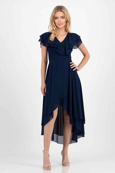 Online Dresses, Navy blue chiffon midi asymmetric dress with ruffles on the sleeve - StarShinerS - StarShinerS.com