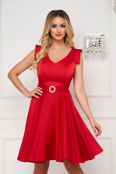 Rochie eleganta StarShinerS rosie midi in clos din satin accesorizata cu cordon
