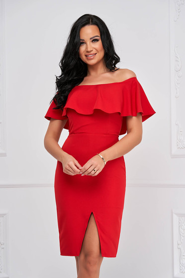 StarShinerS red pencil dress midi frilly trim around cleavage line occasional elastic cloth