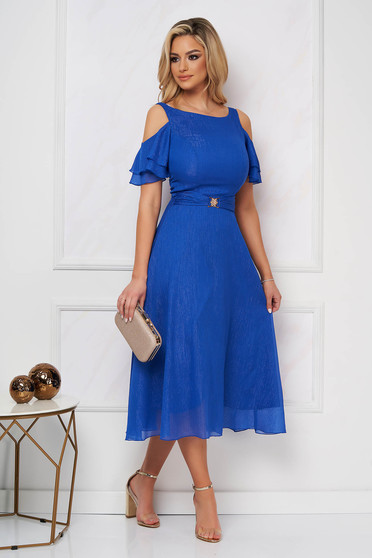 StarShinerS blue dress elegant midi cloche from veil fabric with glitter details