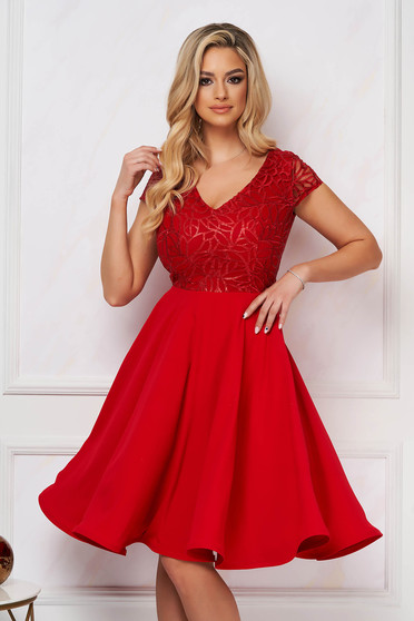 Freshman prom dresses, Occasional StarShinerS red cloche dress from satin fabric texture with sequin embellished details - StarShinerS.com