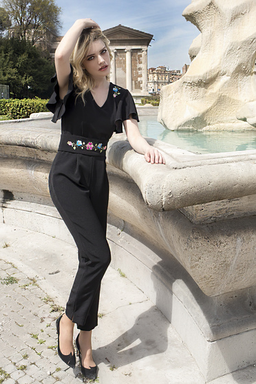 Elegant jumpsuits, StarShinerS jumpsuit occasional arched cut slightly elastic fabric accessorized with tied waistband embroidered - StarShinerS.com