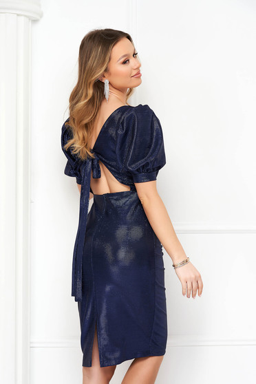 - StarShinerS darkblue dress pencil from elastic fabric with metallic aspect with cut back