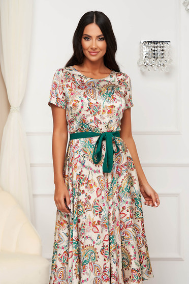 Beige dresses, Dress cloche midi from satin with floral print detachable cord - StarShinerS.com