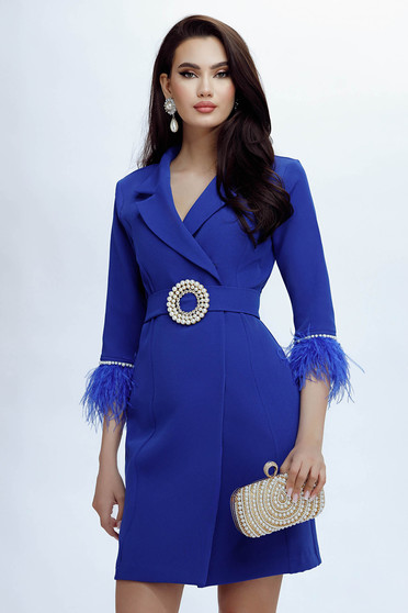 Blue dress short cut elastic cloth feather details strass blazer type