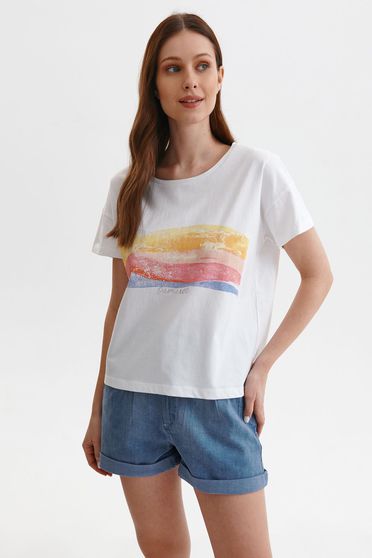 Blouses & Shirts, White t-shirt casual loose fit cotton with print details - StarShinerS.com